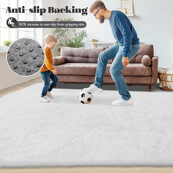 5x7 Area Rug for Living Room: Fluffy Shag Soft Washable Rugs Fuzzy Plush Indoor Carpet for Bedroom Nursery Playroom Dorm Kids Girls Boys Room (White, 5'x7')