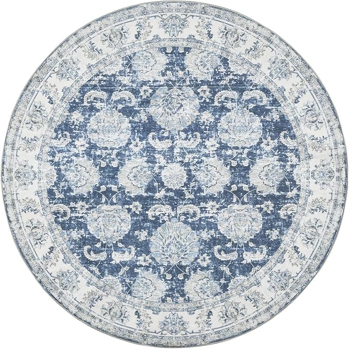 jinchan Round Rug 4ft Area Rug - Indoor Vintage Hallway Circle 4' Washable - Ultra-Thin Low Pile Soft Small Non Slip Distressed Floral Print for Living Room Dining Room Bedroom Entryway Dark Blue