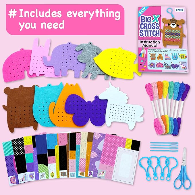 EZCRA Beginner Needlepoint Cross Stitch Kit for Kids Ages 5-8 – Easy Embroidery Starter Set with Jumbo Plastic Needles, Pre-Printed Patterns, Instructions – DIY Arts & Crafts Gift for Girls & Boys