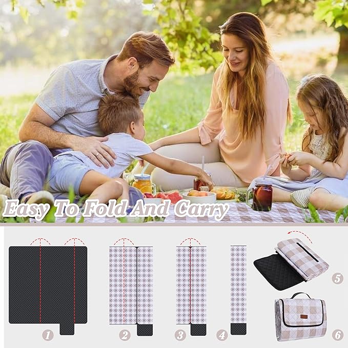 Extra Large Picnic Blanket 80''x 80'' Waterproof Foldable Picnic Mat for Beach, 5-Layer Outdoor Blanket for 6 to 8 Adults,Camping Grass Lawn Park Accessories Couple Park Wedding Registry(Brown)