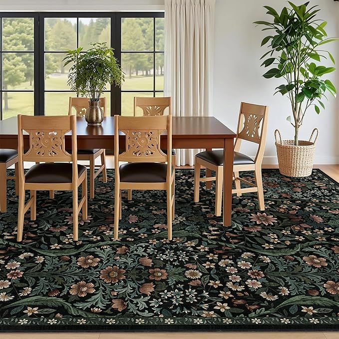 9x12 Black Vintage Floral Area Rug,Washable Large Boho Living Room Rugs,Botanical Print Non-Slip Stain Resistant Lightweight Carpet for Bedroom Dining Room Nursery