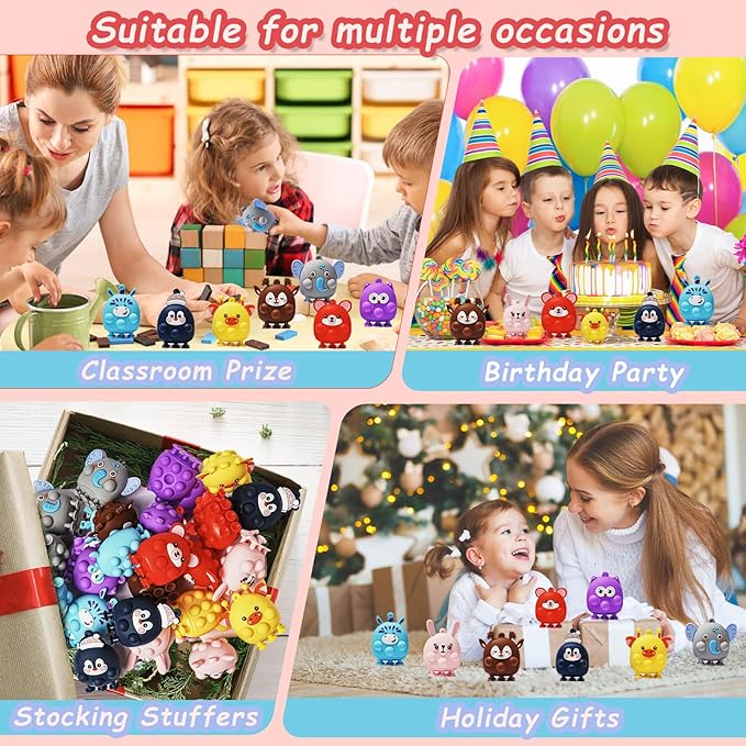32 Pcs Party Favors for Kids, 3D Animal Pop Fidget Toys Bulk, Sensory Bath Suction Toys for Toddlers, Carnival Treasure Classroom Prizes Box Toys, Fidget Stocking Stuffers Birthday Party Gifts