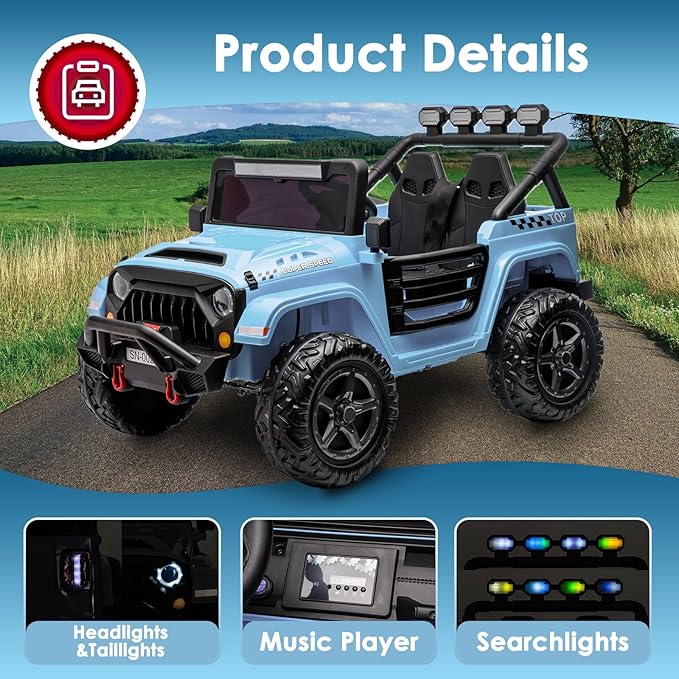 24V 2 Seater Ride On Truck with Remote Control 4WD Electric Car for Kids Ride On Car Battery Powered Ride On Toy Car with Music Player, LED Lights, Bluetooth, Rear Shock Absorber, Gray Blue
