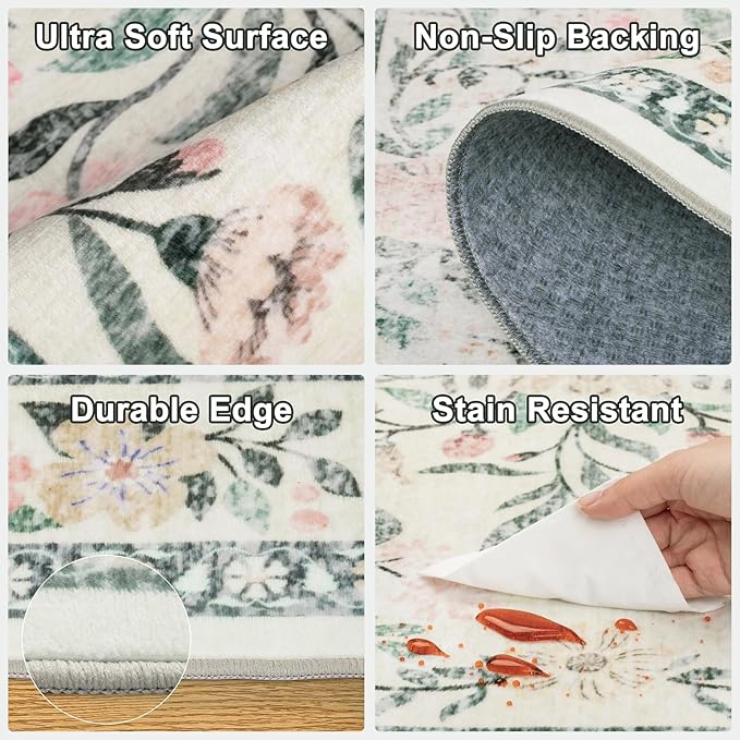 6x9 Area Rugs for Living Room: Floral Washable Rug Vintage Large Soft Boho Non-Slip Carpet Indoor Stain Resistant Thin Carpets for Bedroom Dining Room Farmhouse Nursery Hallway Home Office Green Beige