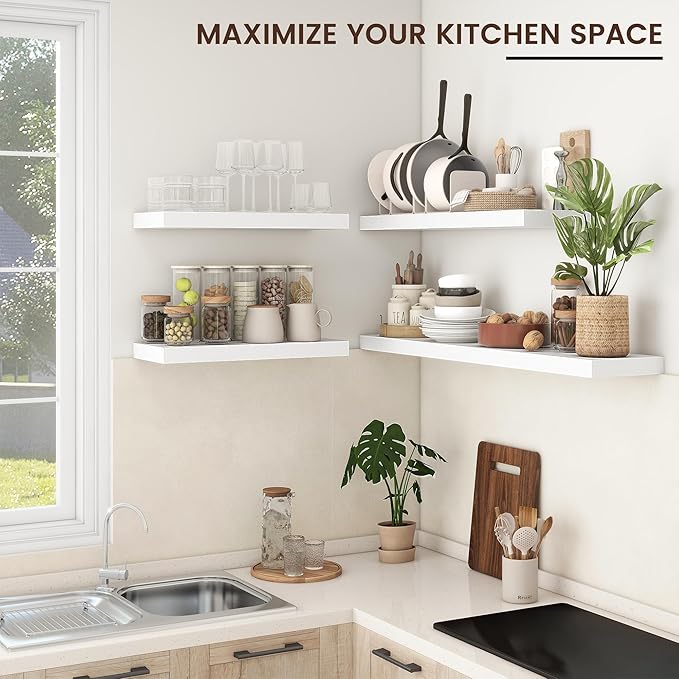 Floating Shelves for Wall, 2 Large Wall Mounted Shelves with Invisible Brackets, Long Wood Floating Wall Shelf Shelves for Living Room, Bedroom, Kitchen, (White, 48" W x 9" D x 1.5" H)