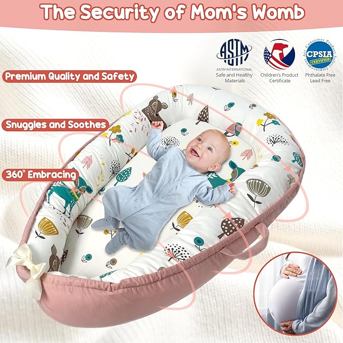 Baby Lounger - Baby Lounger for Newborn 0-24 Months, Breathable, Soft Cotton Baby Nest, Portable Infant Lounger for Home & Travel, Newborn Essentials Gift (Pink Deer)