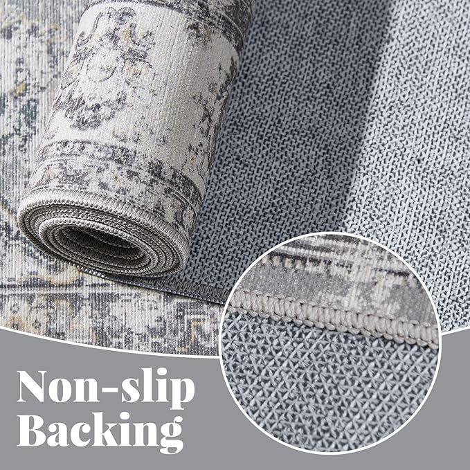 jinchan Hallway Runner Rug 2x10 Machine Washable Runner Rug Grey Vintage Floral Design Non-Slip Ultra-Thin for Kitchen Laundry Room Bedroom Farmhouse (2‘x10',Grey)