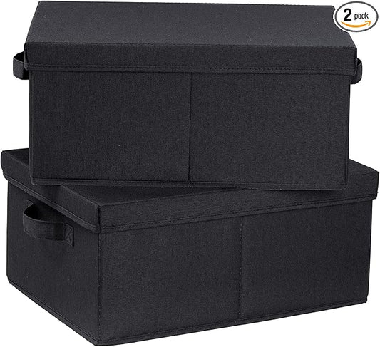 HOONEX Storage Bins with Lids for Organizing, Pack of 2, Storage Boxes with 2 Carrying Handles and Sturdy Heavy Cardboard, 16.5" L x 11.8" W x 7.5" H for Shoes, Books, Clothes, Black