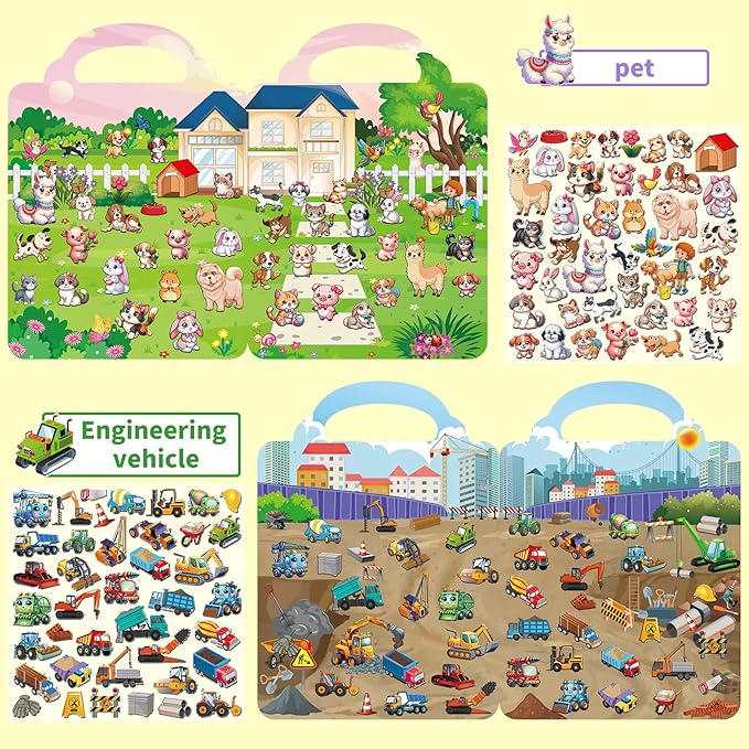 6 Set Reusable Sticker Books for Toddlers 2-4,1-3, Kids 3D Puffy Stickers (Dinosaurs, Forest, Town, Pets, Construction, Insects), Sticker Activity Books