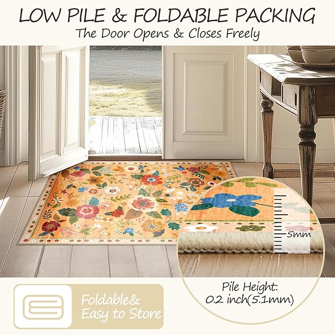 Floral 6ft Area Rug Machine Washable Soft Print Boho Carpet Non Slip Doormat Low Pile Flower Area Rugs for Living Room Bedroom Nursery Kitchen Dining Room Indoor-Yellow/Orange