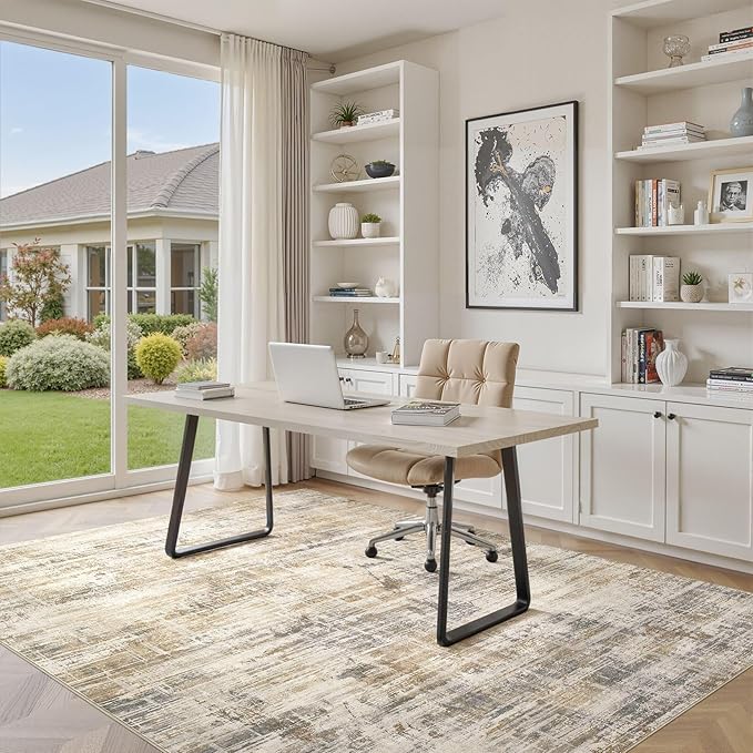 Area Rug for Living Room: 10x12 Washable Neutral Abstract Modern Soft Rugs Non Slip Indoor Floor Stain Resistant Large Carpet for Bedroom Dining Room Office Nursery - Golden Brown