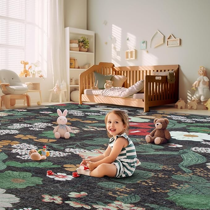 9x12 Area Rug for Living Room: Vintage Floral Washable Rug Soft Boho Non Slip Carpet Large Indoor Floor Non Shedding Low Pile Thin Carpets for Bedroom Dining Room Farmhouse Nursery Home Office Green