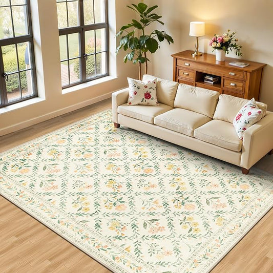Area Rug Living Room Rugs: Floral 4x6 Washable Rug Vintage Soft Boho Non-Slip Carpet Stain Resistant Large Carpets for Bedroom Dining Room Farmhouse Nursery Hallway Home Office Beige/Multi