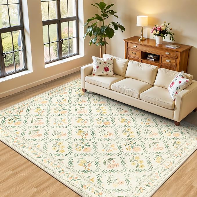 6x9 Area Rugs for Living Room: Floral Washable Rug Vintage Large Soft Boho Non-Slip Carpet Indoor Stain Resistant Thin Carpets for Bedroom Dining Room Farmhouse Nursery Hallway Home Office Beige/Multi