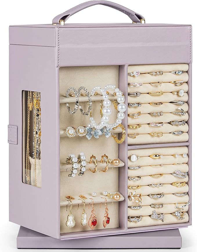 AKOZLIN 360° Rotating Jewelry Box 6-Tier Organizer Functional Jewelry Storage Case for Women Girls Ring Necklace Earring Bracelet Holder with Mirror Purple