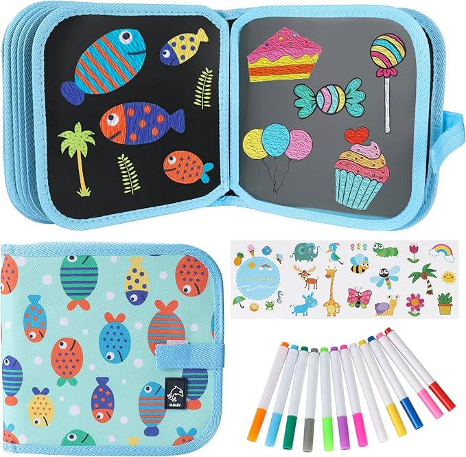 Erasable Doodle Set for Kids - Reusable Magic Drawing Book with 12 Watercolor Pens 14 Page Drawing, Road Trip Car Game Writing Painting Set for Boys and Girls (Fish)