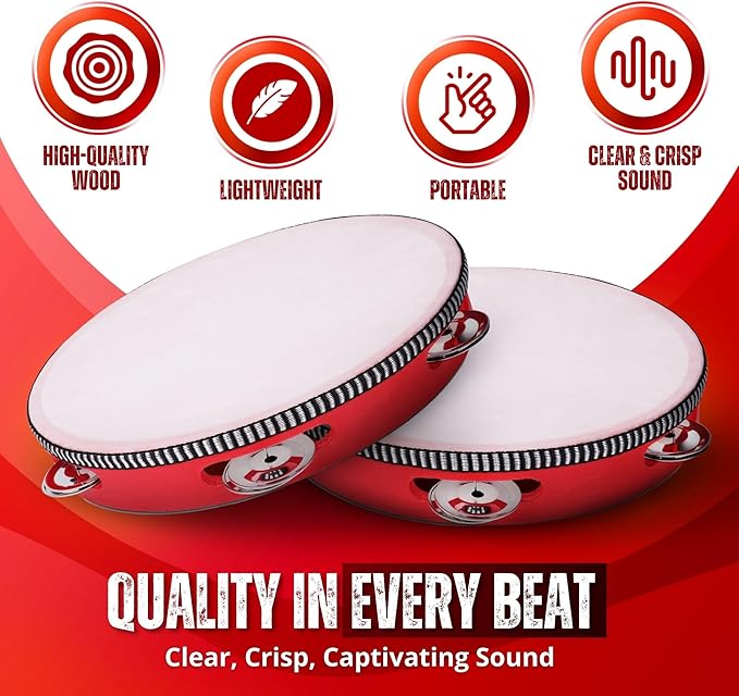 Flexzion Wooden Round Tambourine for Kids and Adults 10" Inch Single Row 8 Pair Jingles, Red Handheld Percussion Instrument for Beginner and Professional Tambourine Player