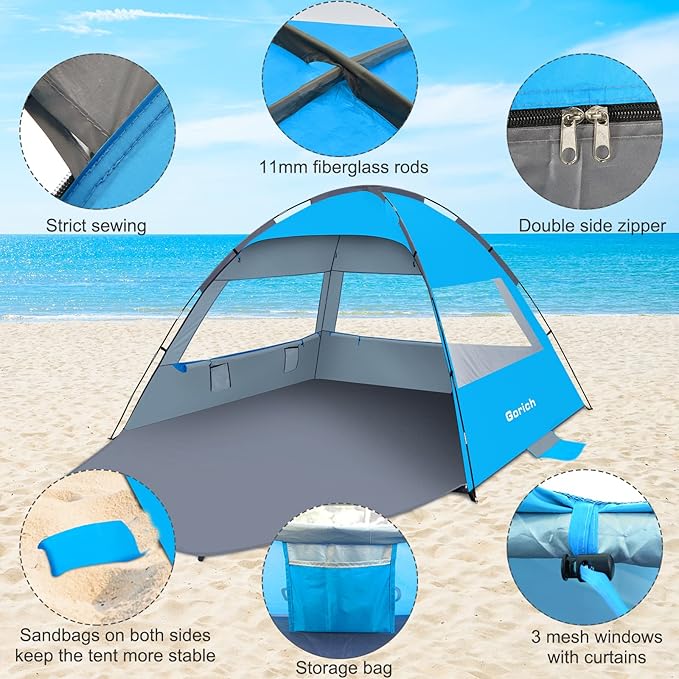 Gorich Beach Tent Sun Shelter for 3/4-5/6-7/8-10 Person with UPF 50＋ UV Protection, Lightweight & Easy Setup Beach Shade Canopy, Portable Beach Shade Tent Beach Cabana