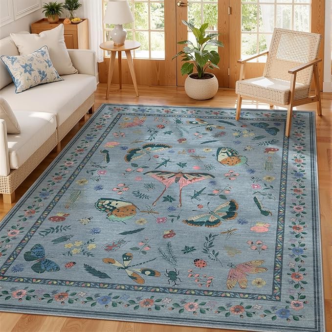 6x9 Rugs for Living Room with Insect Print - Bug Rug Non-Silp Stain Resistant Soft Carpet for Bedroom, Low Pile Ultra-Thin Machine Washable Carpet for Dining Room, Kids Nursery, Office (6'x6' Blue)