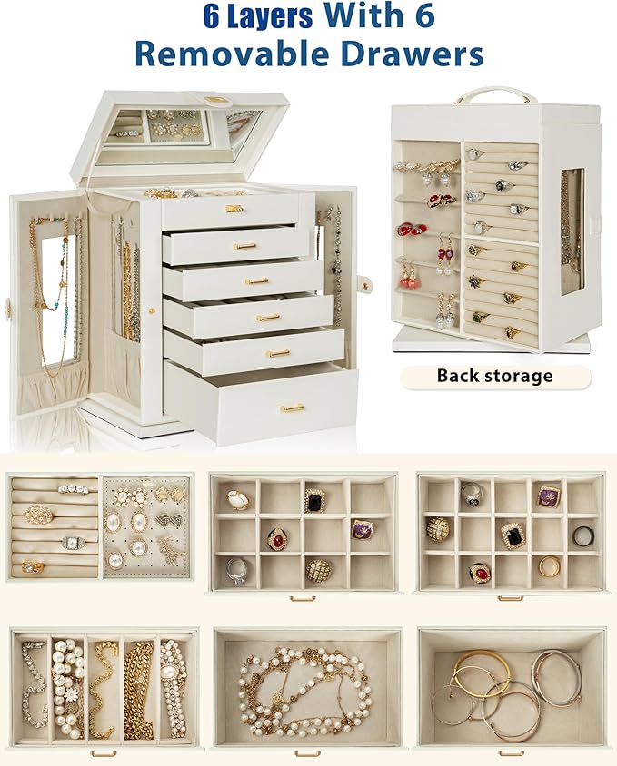 AKOZLIN Jewelry Box 6-Tier Organizer Functional 360° Rotating Jewelry Storage Case for Women Girls Ring Necklace Earring Bracelet Holder with Mirror