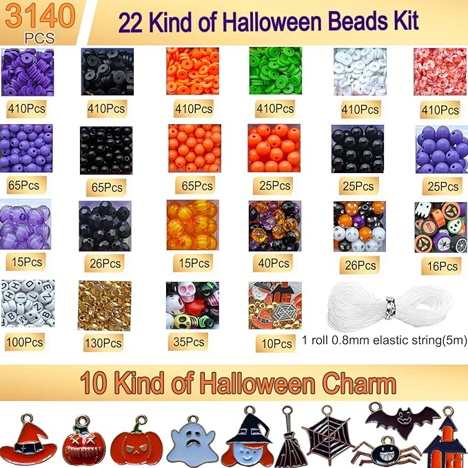 3140Pcs Halloween Beads for Bracelet Jewelry Making Kit, Halloween Clay Beads Black White Orange Purple Pumpkin Round Letter Star Skull Bead Bulk with Ghost Witch Hat Charm for DIY Craft Earring