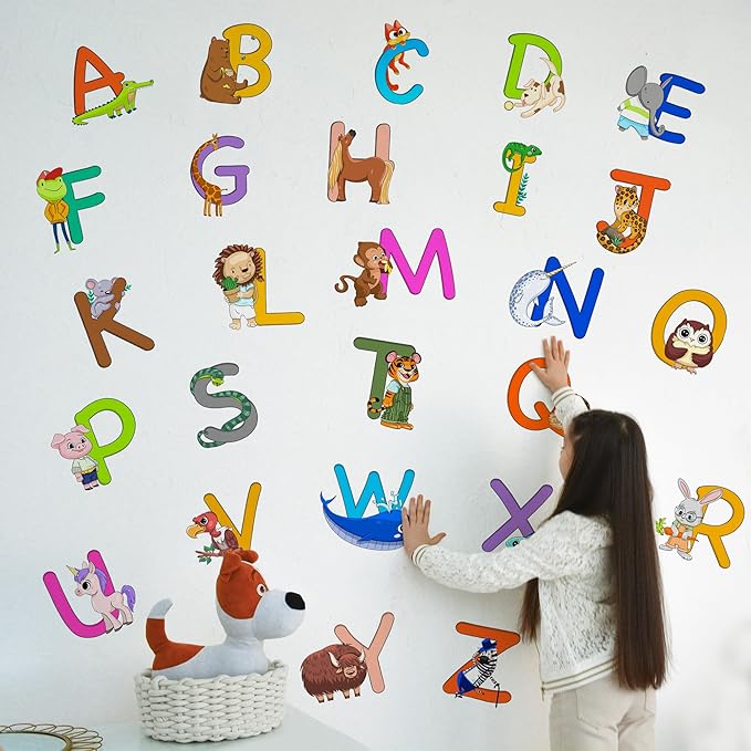 ABC Educational Wall Stickers for Kids - Animal Alphabet Wall Decals by Lipastick - Peel and Stick Letters for Boys and Girls Bedroom, Baby Room, Nursery Decor - Removable Wall Art