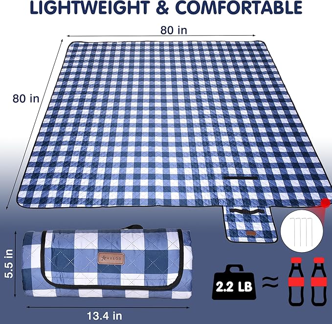 HX&OD Outdoor Picnic Blanket, Extra Large, 80''x80'' Waterproof Foldable Blankets Gingham Picnic Mat for Beach, Camping Grass Lawn Park Accessories Cute Couple Ideas Wedding (Blue, 80”x80”)