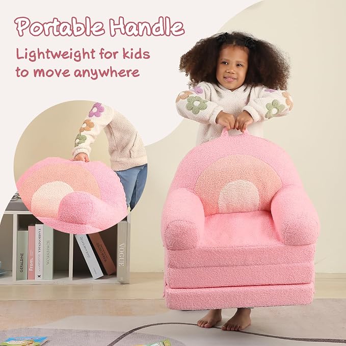 Foldable Kids Sofa, Comfy Rainbow Toddler Couch with Tri Folding Foam Cushions, Comfy Couch for Kid Age 18 Months and Up