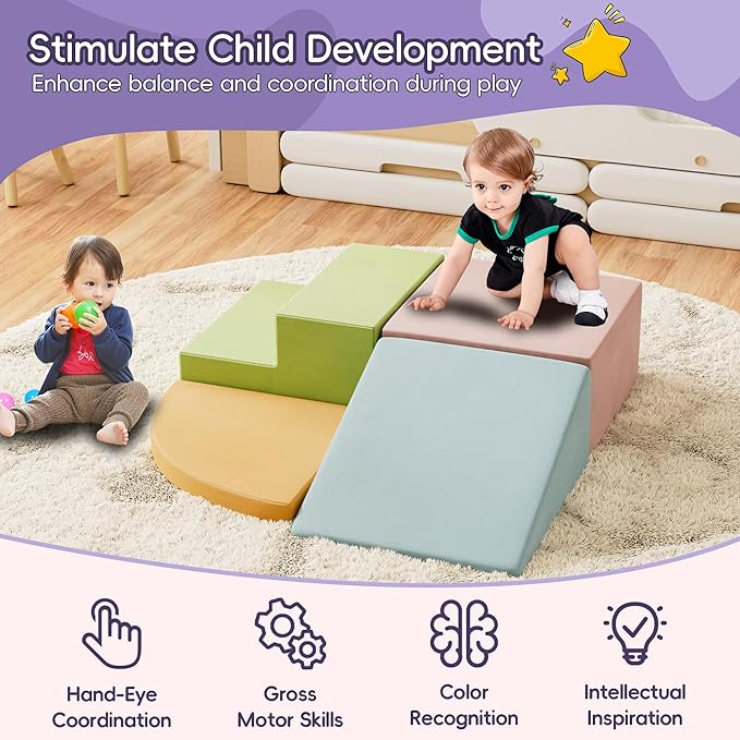 4 Piece Foam Climbing Blocks for Toddlers, Baby Climbing Gym with Ultra High Density Foam for Crawling and Sliding, Indoor Soft Play Set for Infant, Babies & Kids - Multicolor (Multicolor A, 4-Piece)