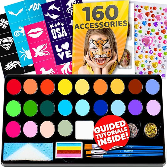 28 Color Face Painting Kit for Kids - Blue Squid Face Paint Kit Palette with 160pc accessories Stencils, Water Activated Non Toxic Washable Professional Facepaint body set Halloween Party Makeup