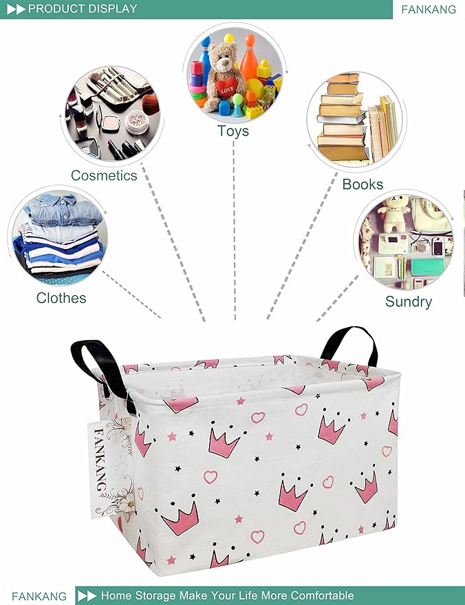 FANKANG Storage Bins, Nursery Hamper Canvas Laundry Basket Foldable with Waterproof PE Coating Large Storage Baskets for Kids Boys and Girls, Office, Bedroom, Clothes,Toys(Rec-pink crowns)