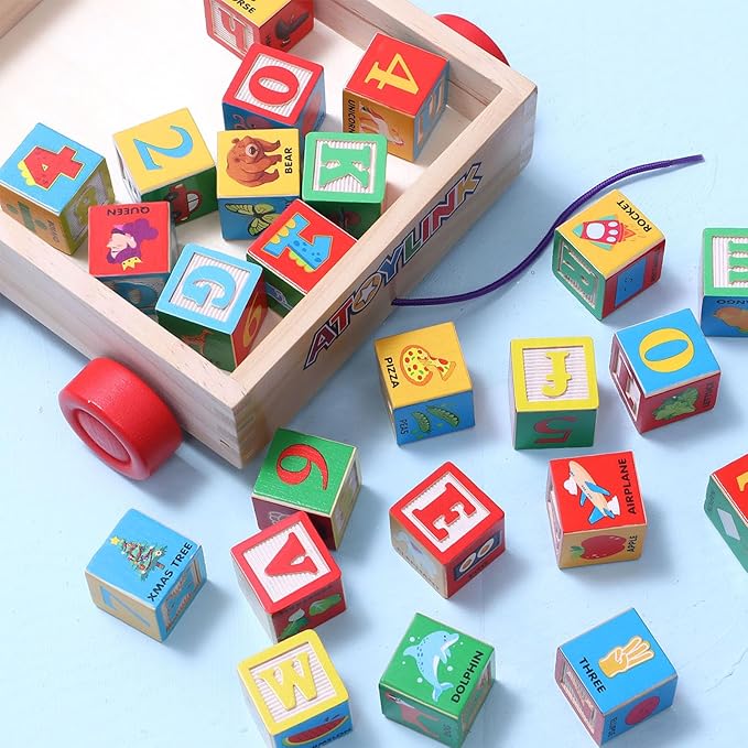 Atoylink ABC Wooden Building Blocks for Toddlers 1-3, 30 Pcs Alphabet & Number Stacking Toys with Storage Pull Toy Car Learning & Education Montessori Toys for 1 2 3 Year Old Baby Boy Girl Gifts