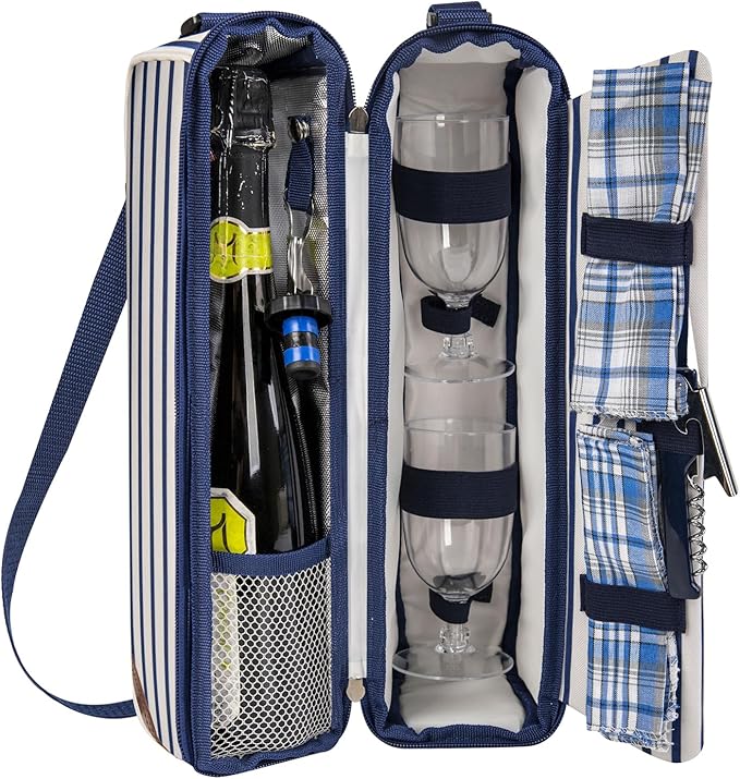 ALLCAMP Wine Tote Bag with Cooler Compartment，Picnic Set Carrying Two Sets of Tableware（Blue Stripe）