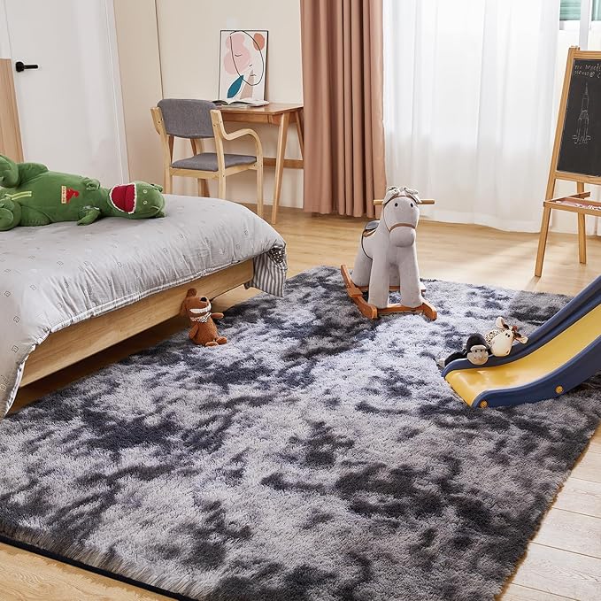 6x9 Area Rugs for Living Room, Fluffy Shaggy Bedroom Rug Indoor Carpet, Anti-Skid Soft High Pile Rug for Nursery, Kids Room, Bedside, Home Decoration, Tie-Dyed Dark Grey