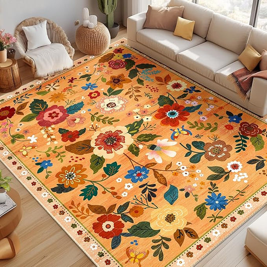 Floral 8x10 Area Rug Machine Washable Soft Print Boho Carpet Non Slip Doormat Low Pile Flower Area Rugs for Living Room Bedroom Nursery Kitchen Dining Room Indoor-Yellow/Orange
