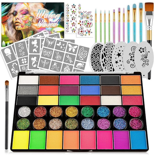 42 Colors Kids Face Painting Kit,Non Toxic Water Activated Face Paint Palette with 5 Reusable & 45 Sticky Stencils,11 Brushes,2 Gems.Ideal for Mardi Gras,Halloween,Christmas,makeup,Parties,Makeup etc.