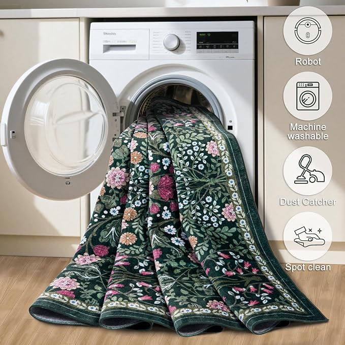 Entryway Rug 2X3 Small Rugs: Floral Washable Door Mat Vintage Soft Low Pile Non-Slip Kitchen Rugs Stain Resistant Indoor Throw Rug for Entrance, Bedroom, Kitchen, Laundry, Bathroom Dark Green