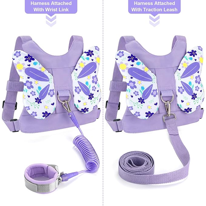 Accmor Toddler Harness Leash, Cute Butterfly Kids Leash + Anti Lost Wrist Link for Outdoor Travel, Mini Child Walking Harness Wristband Assistant Strap Belt for Baby Girls (Purple)