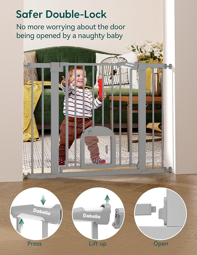 Babelio 29-48" Extra Wide Baby Gate with Adjustable Cat Door,Easy Install Pressure/Hardware Mounted,Auto Close Pet door for Stairs,House,Doorways,Effortless Walk Thru,Gray