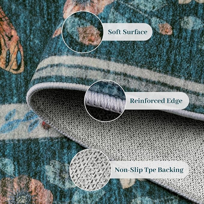 5x7 Washable Area Rug with Insect Print - Bug Rug Non-Shedding Stain Resistant Soft Carpet for Bedroom, Low Pile Ultra-Thin Machine Washable Carpet for Dining Room, Kids Nursery, Office (5'x7' Teal)