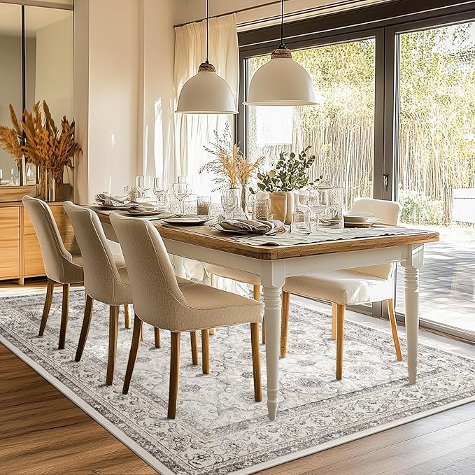 jinchan Floral 6x9 Area Rugs for Living Room - Machine Washable Vintage Distressed Boho Design Throw Rug Stain Resistant Carpet Low-Pile Thin Non-Slip for Bedroom Dining Room Nursery (6‘x9',Beige)