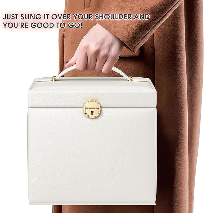 5-Layer Jewelry Box with 4 Drawers, Huge Portable Jewelry Organizer with Lock and Mirror for Women, for Necklace Ring Earring Bracelet Storage, Lockable Jewelry Case, White