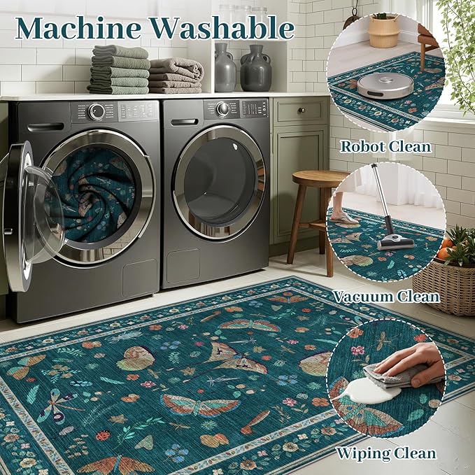 5x7 Washable Area Rug with Insect Print - Bug Rug Non-Shedding Stain Resistant Soft Carpet for Bedroom, Low Pile Ultra-Thin Machine Washable Carpet for Dining Room, Kids Nursery, Office (5'x7' Teal)