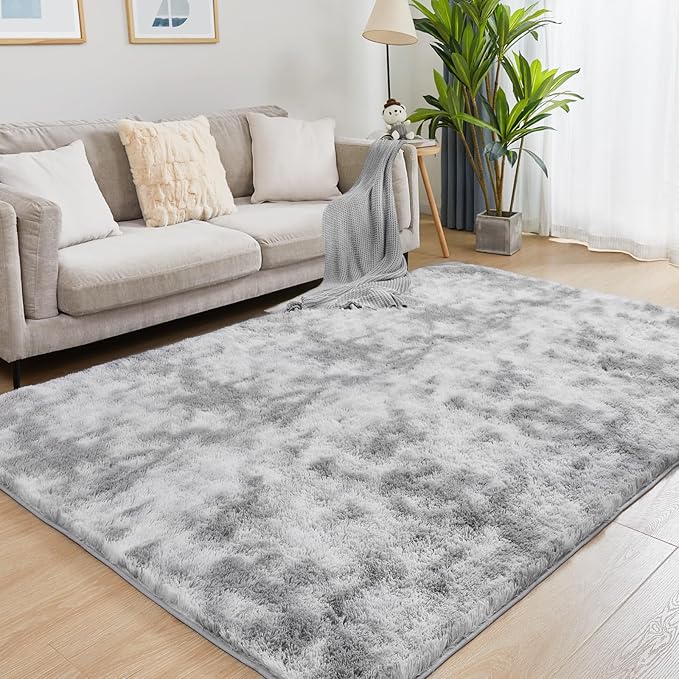 9x12 Area Rugs for Living Room, Ultra Soft Fluffy Rugs for Bedroom, Anti-Skid High Pile Indoor Carpet for Nursery, Study Room, Playroom, Home Decoration, Tie-Dyed Light Grey