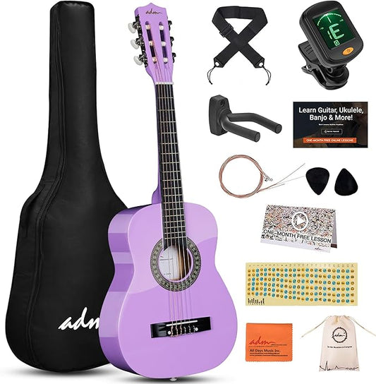ADM Beginner Acoustic Classical Guitar 30 Inch Nylon Strings Wooden Guitar Bundle Kit for Kid Boy Girl Student Youth Guitarra Online Lessons with Gig Bag, Strap, Tuner, Strings, Picks, Purple