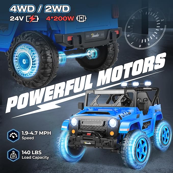 Hikole 24V Kids Ride on Car - 2 Seater, 4WD/2WD Switch, 4x200W Motor, Remote Control, 3 Speeds, LED Lights, Safety Belt, Off-Road Electric Vehicles for Boys Girls, Blue