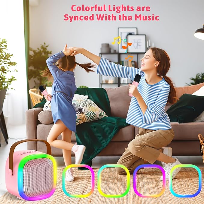 Karaoke Machine for Kids Adults, Portable Bluetooth Speaker with 2 Wireless Microphones and LED Lights, Kids Toys Birthday Gifts for Girls Boys Ages 4, 5, 6, 7, 8,9,10,11,12+ Years