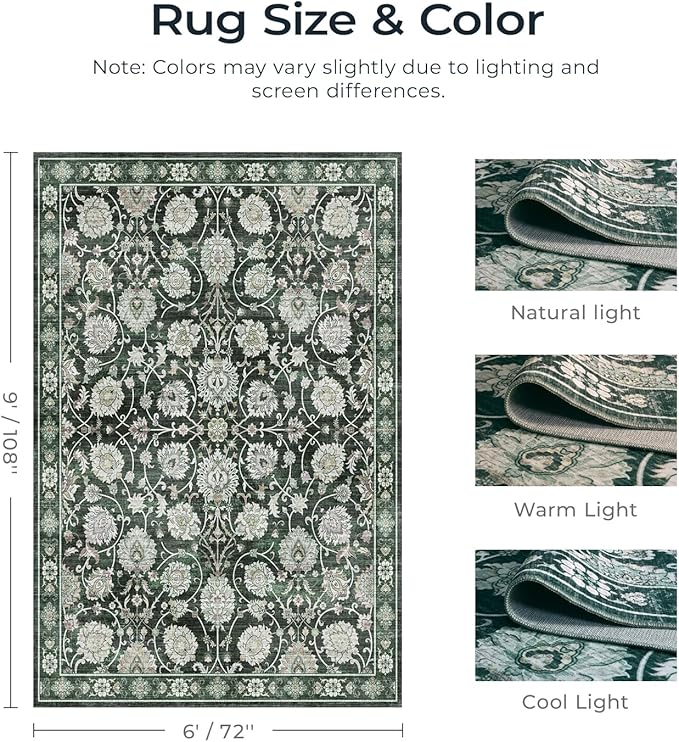 6x9 Area Rug for Living Room & Bedroom, Washable Non-Slip Floral Rugs, Soft Vintage Carpet, Low Pile Wool Carpets for Indoor Dining Home Office Playroom Under Table, Modern Decor, Dark Green