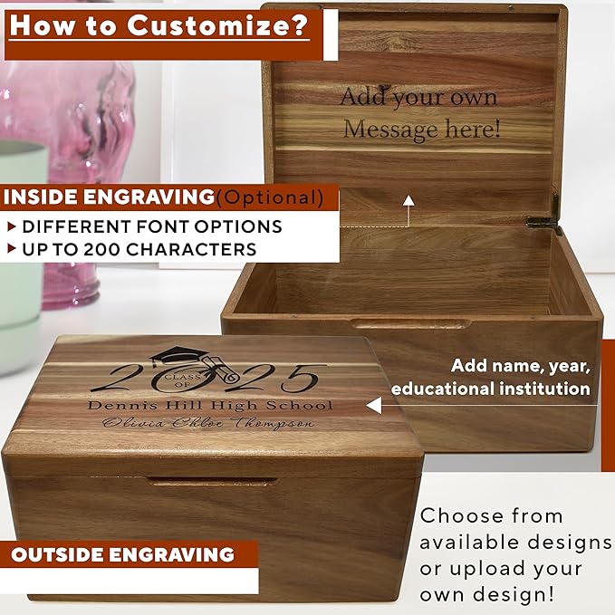 Graduation Boxes 2025 - Personalized Graduation Gifts for Him Her, Engravable High School Memory Box Organizer Boys Girls, Memorabilia Time Capsule, Wood Keepsake Chest Congrats Grad, 11.5x8.5x5.5 in