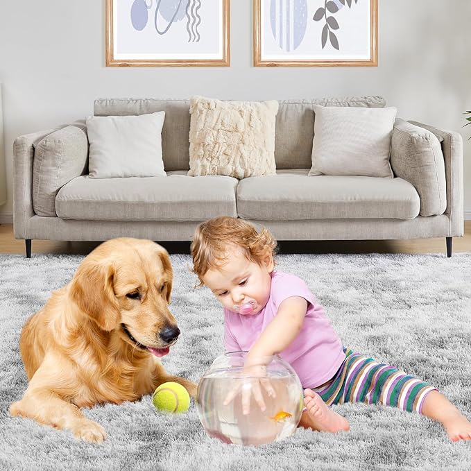 9x12 Area Rugs for Living Room, Ultra Soft Fluffy Rugs for Bedroom, Anti-Skid High Pile Indoor Carpet for Nursery, Study Room, Playroom, Home Decoration, Tie-Dyed Light Grey